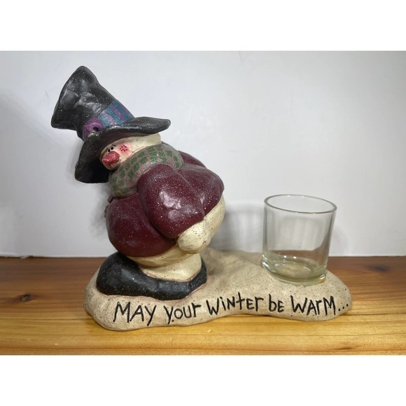Snowman Candle Holder Christmas Holiday Ceramic "May Your Winter Be Warm" Funny - Picture 1 of 9
